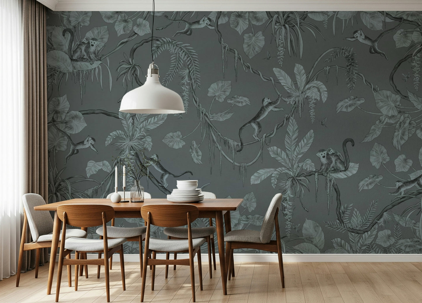 Serene botanical wall art with blue sketch-style jungle landscape