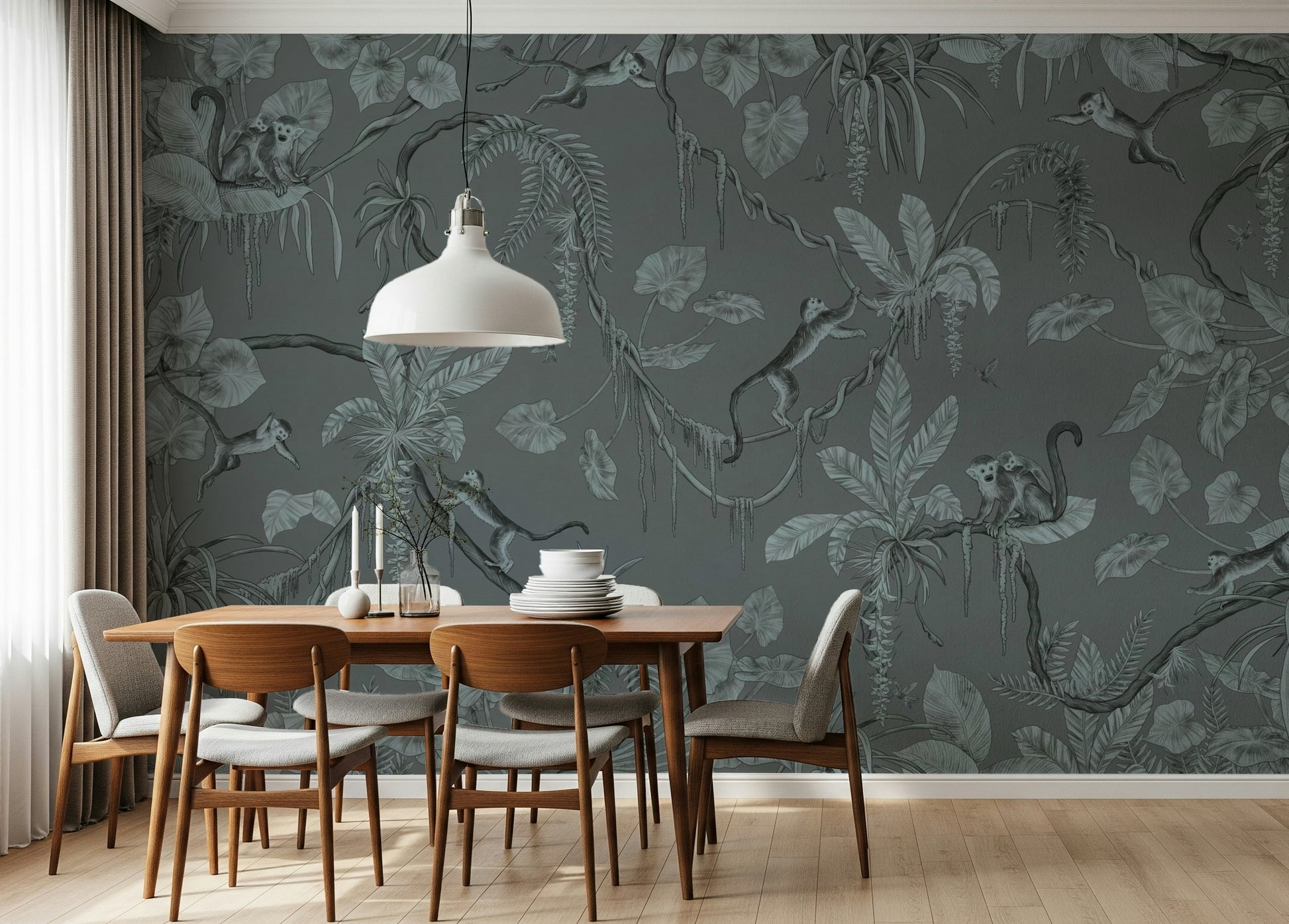 Serene botanical wall art with blue sketch-style jungle landscape