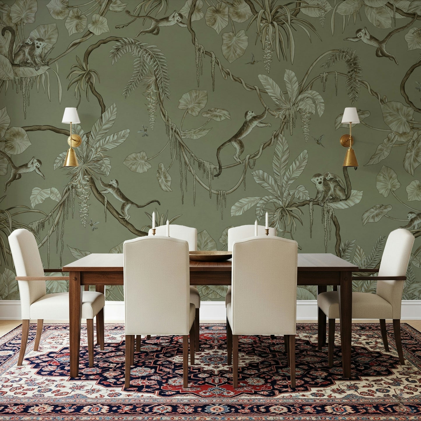 Jungle-inspired mural with playful monkeys and vibrant greenery