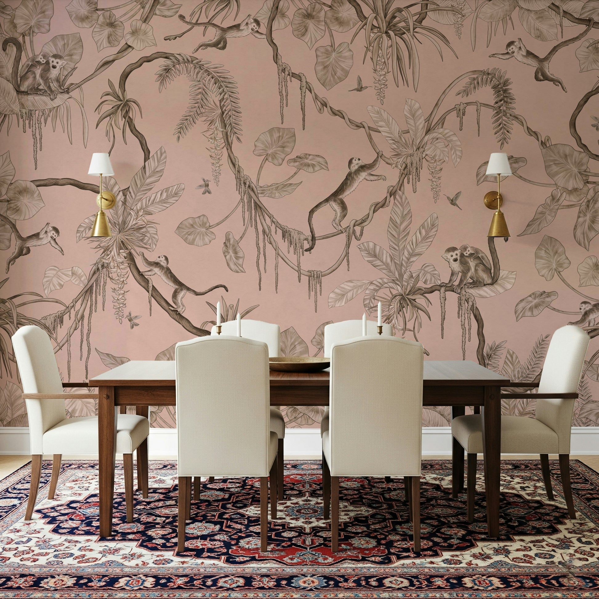 Lush jungle mural with birds and monkeys creating a lively tropical scene