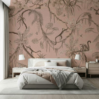 Whimsical mural of jungle wildlife amidst vibrant greenery and flowering plants