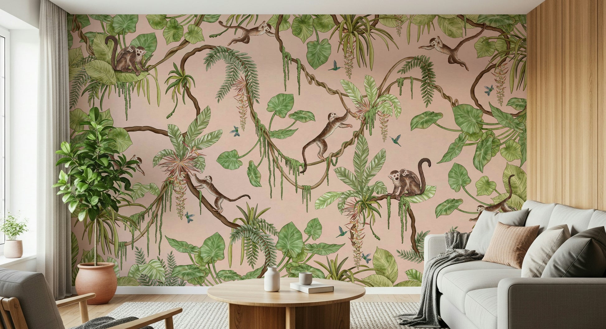 Jungle-inspired wall art with monkeys exploring a lush paradise setting