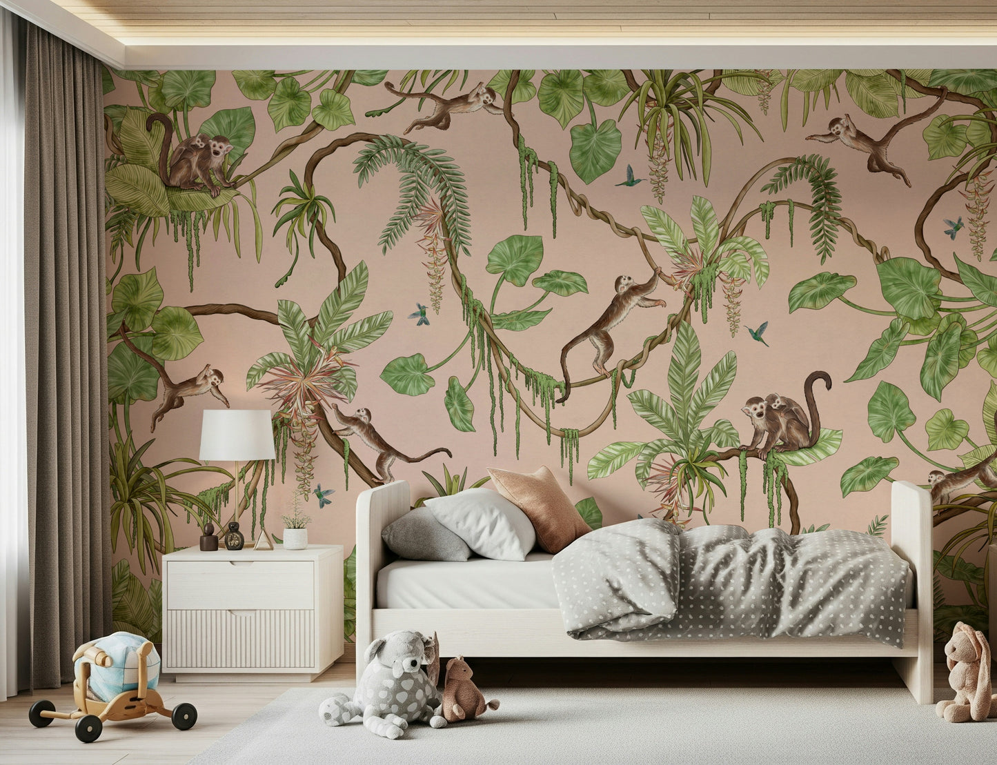 Vibrant jungle mural featuring mischievous monkeys in a tropical paradise