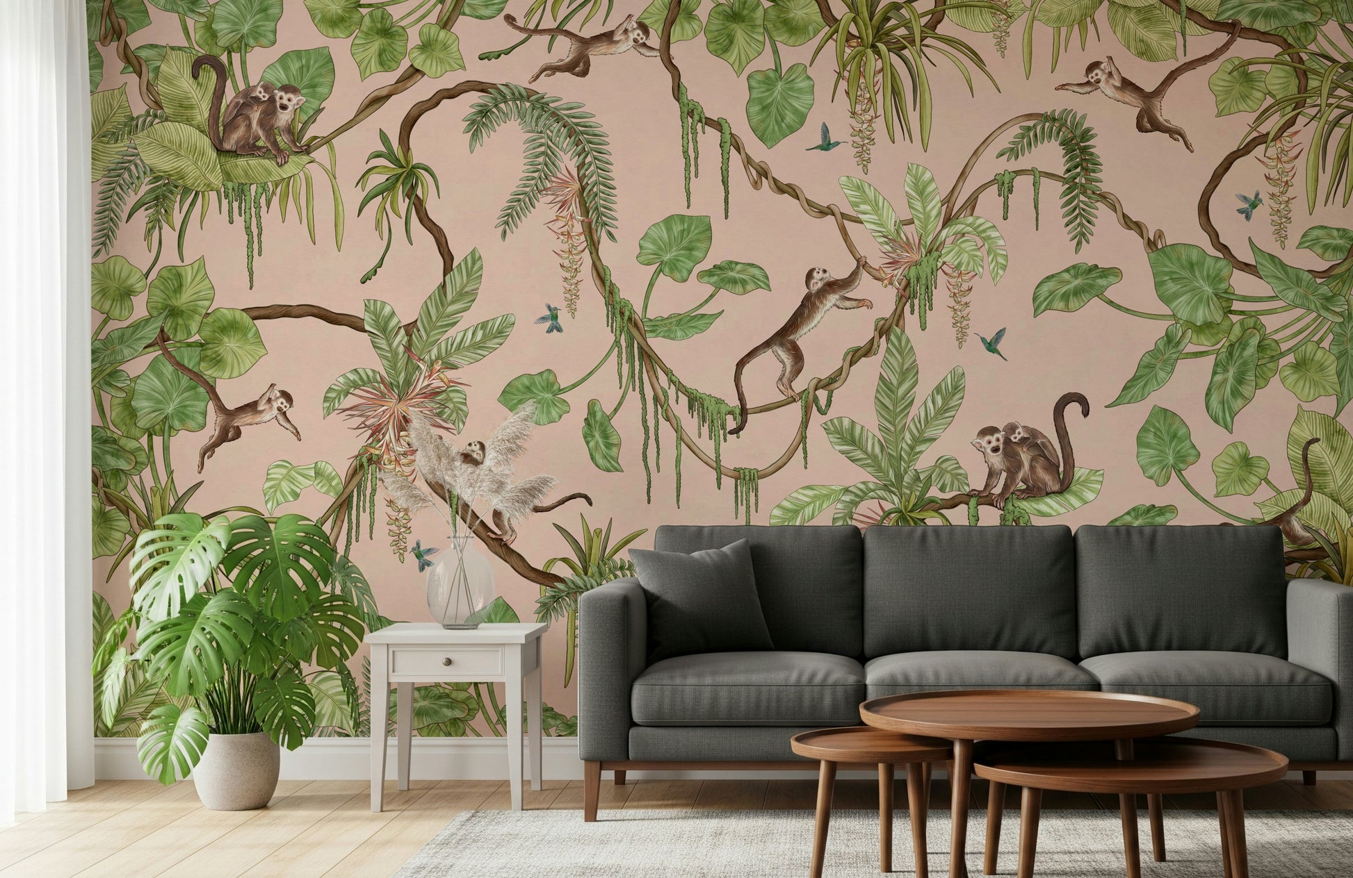 Fun and whimsical mural of monkeys enjoying a vibrant tropical landscape