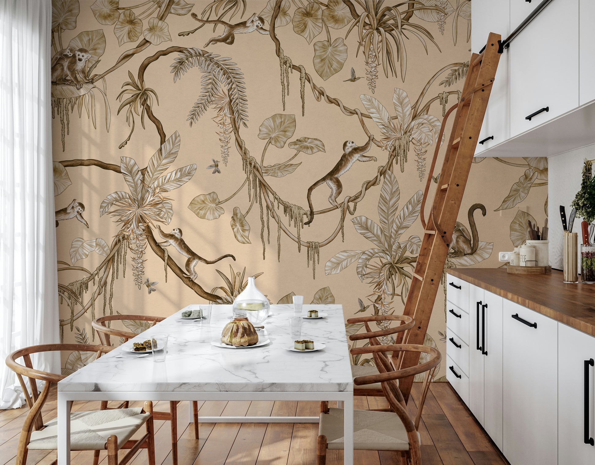Nature-inspired wall mural depicting adventurous animals in a lush jungle