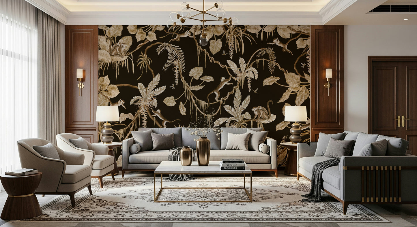 Nature-inspired wall mural showcasing tall jungle trees and leafy foliage