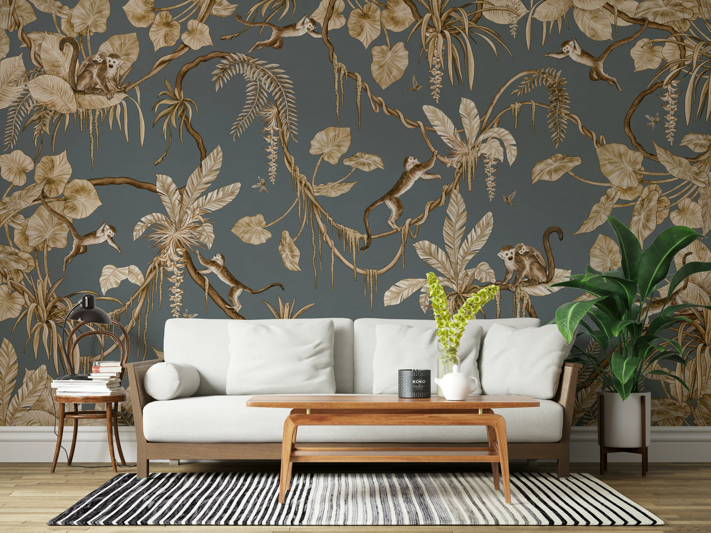 Serene mural of tropical flora and fauna in a vibrant jungle setting