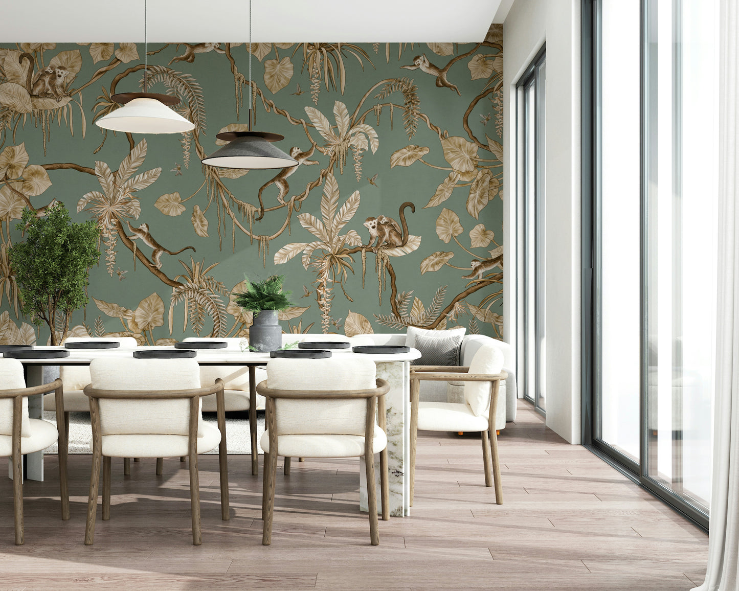 Lively wall mural of monkeys climbing trees and swinging on vines