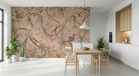 Artistic wall mural blending monkeys and blush-toned botanical patterns