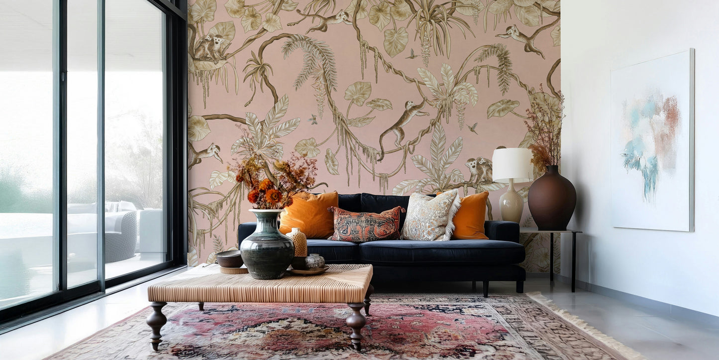 Whimsical mural showing monkeys exploring a blush-colored botanical grove