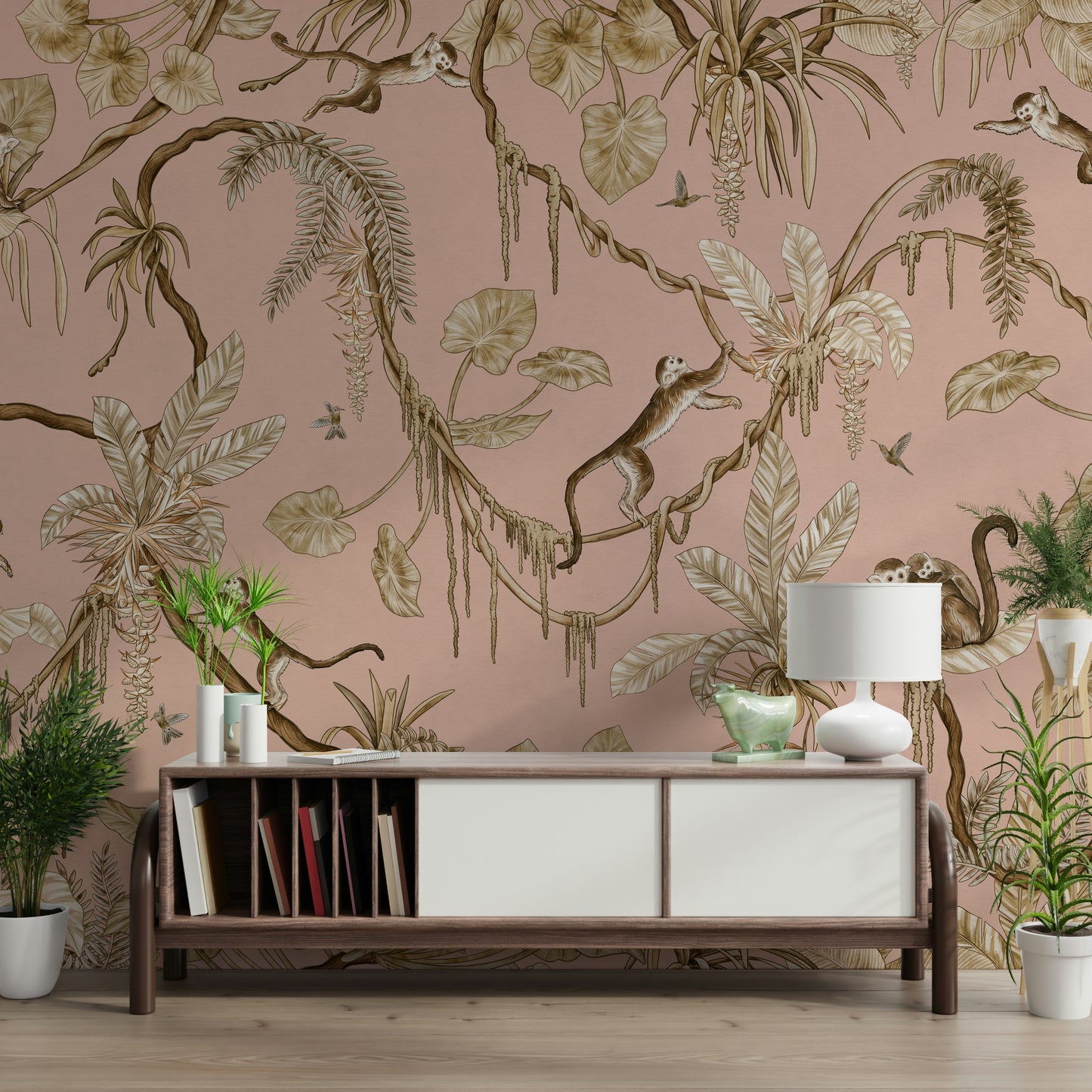 Exotic jungle mural featuring monkeys resting on flowering blush branches
