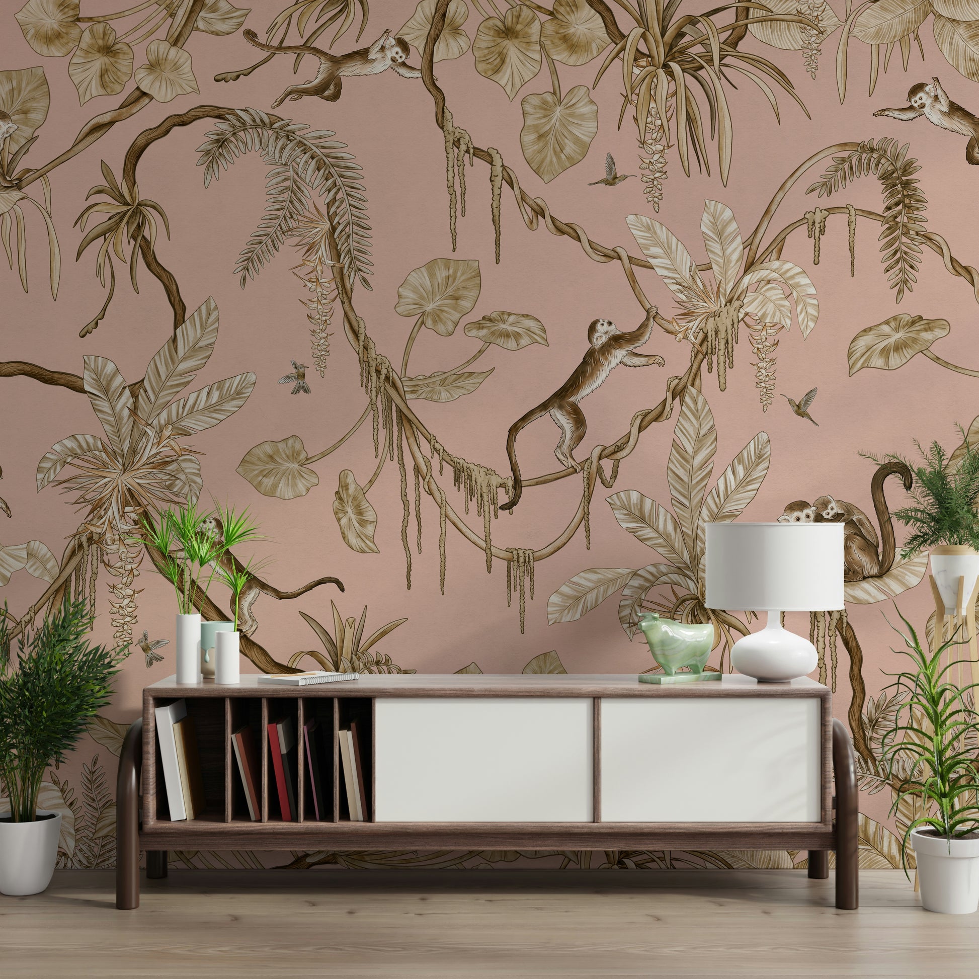 Exotic jungle mural featuring monkeys resting on flowering blush branches