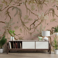 Exotic jungle mural featuring monkeys resting on flowering blush branches