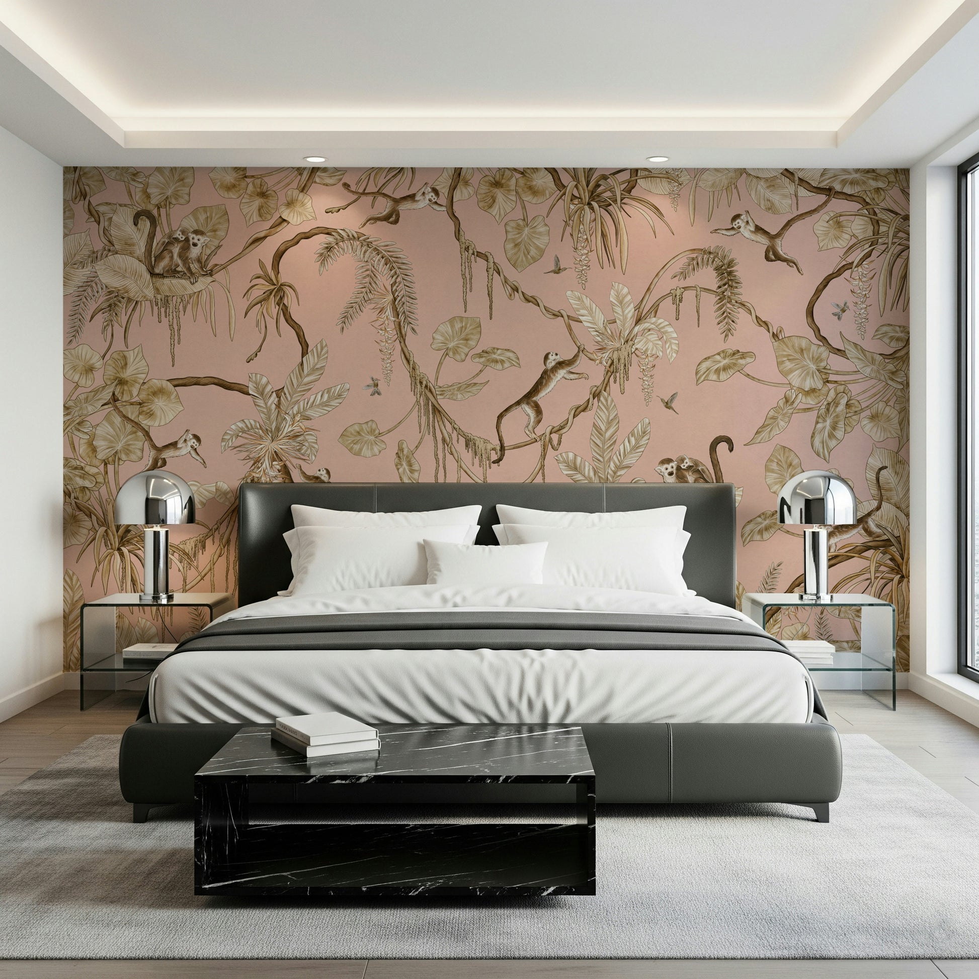 Nature-themed mural with monkeys perched on branches in a soft blush setting