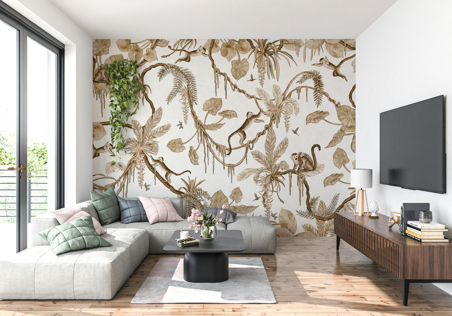 Charming jungle-inspired mural with monkeys among vibrant leaves and flowers