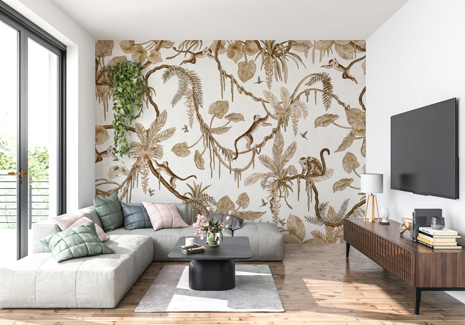 Charming jungle-inspired mural with monkeys among vibrant leaves and flowers