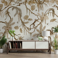 Tropical wall art with mischievous monkeys in a dense jungle setting