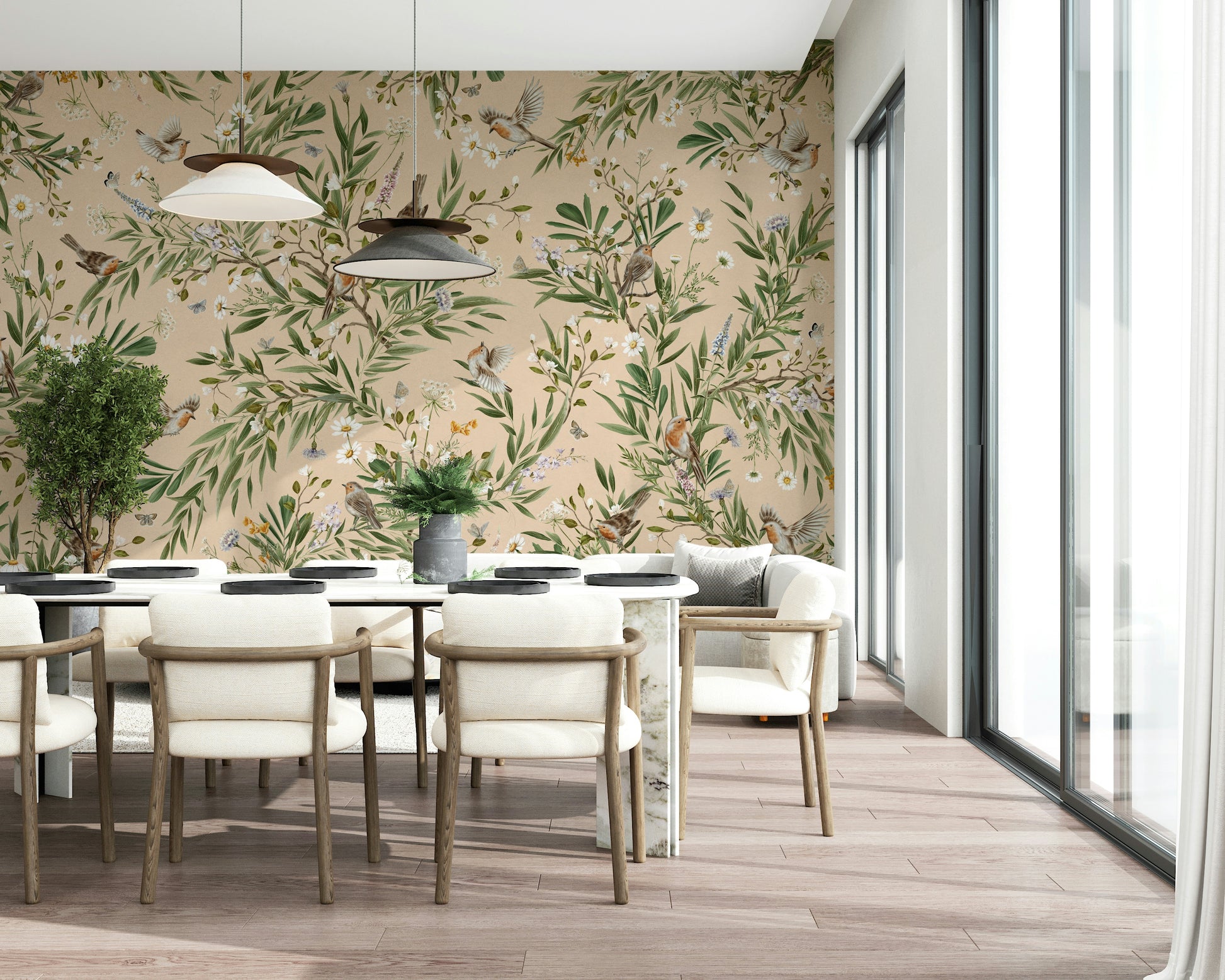 Whimsical wall mural of birds in flight over flowering garden foliage