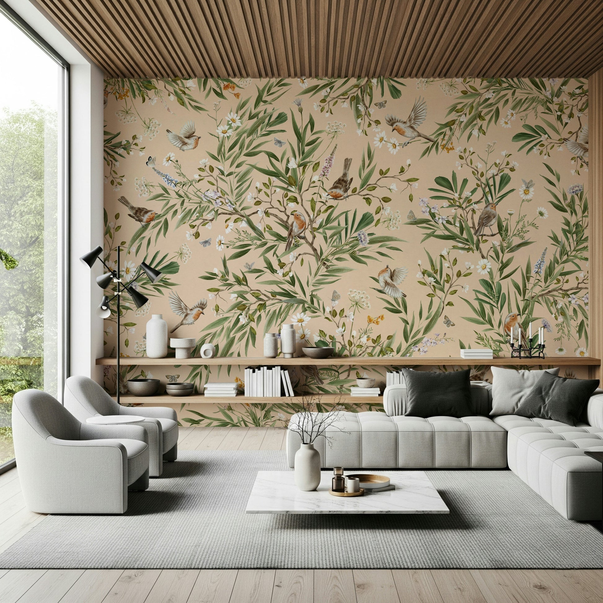 Lush aviary mural with birds and flowers creating a serene nature scene