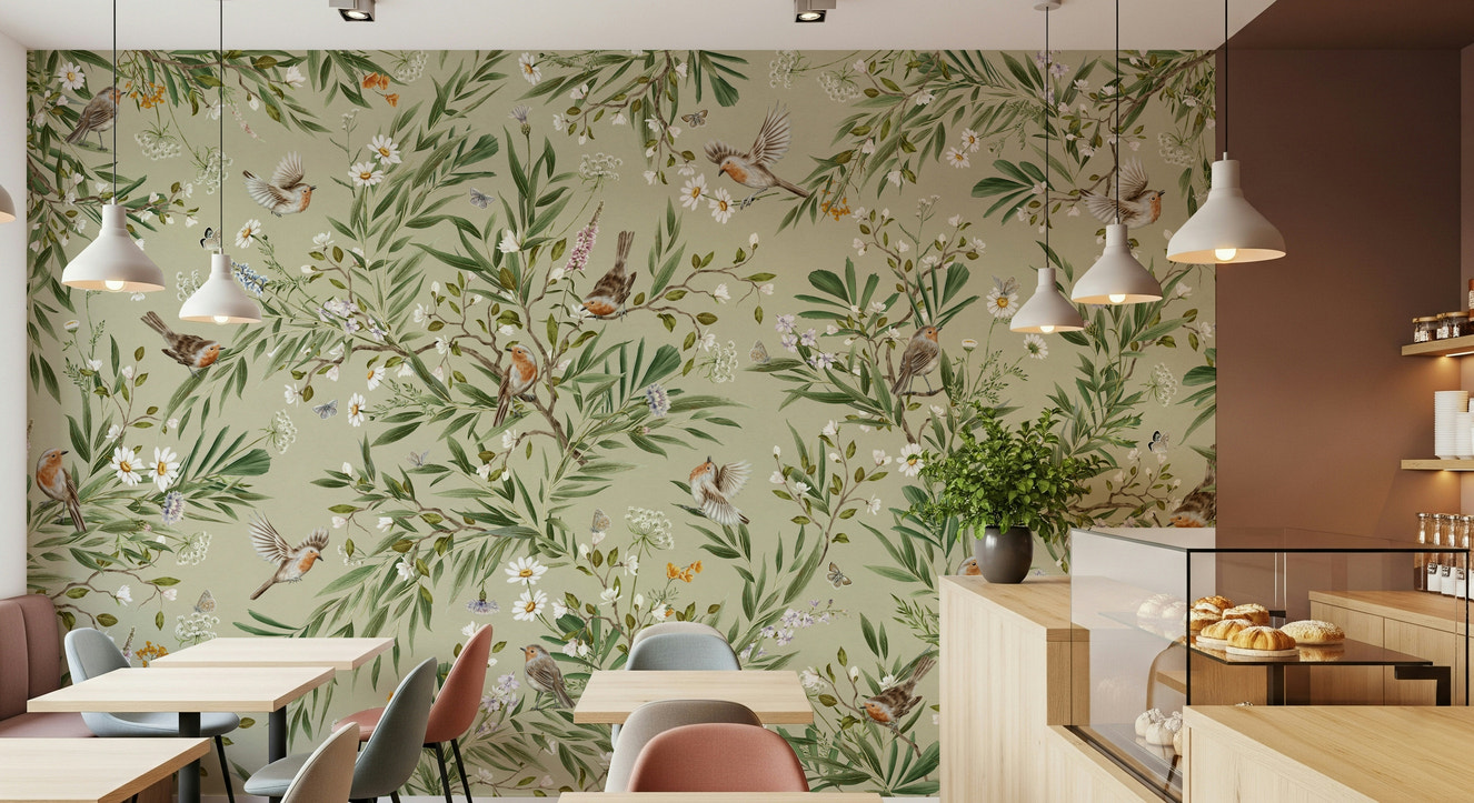 Vibrant wall mural featuring colorful birds perched among blooming flowers