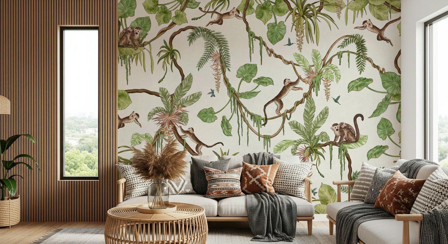 Cheerful monkeys interacting in lush jungle foliage – animal wallpaper, jungle wallpaper, tropical wallpaper.