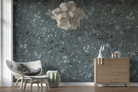 Elegant grey-toned wall mural featuring birds perched among delicate floral patterns