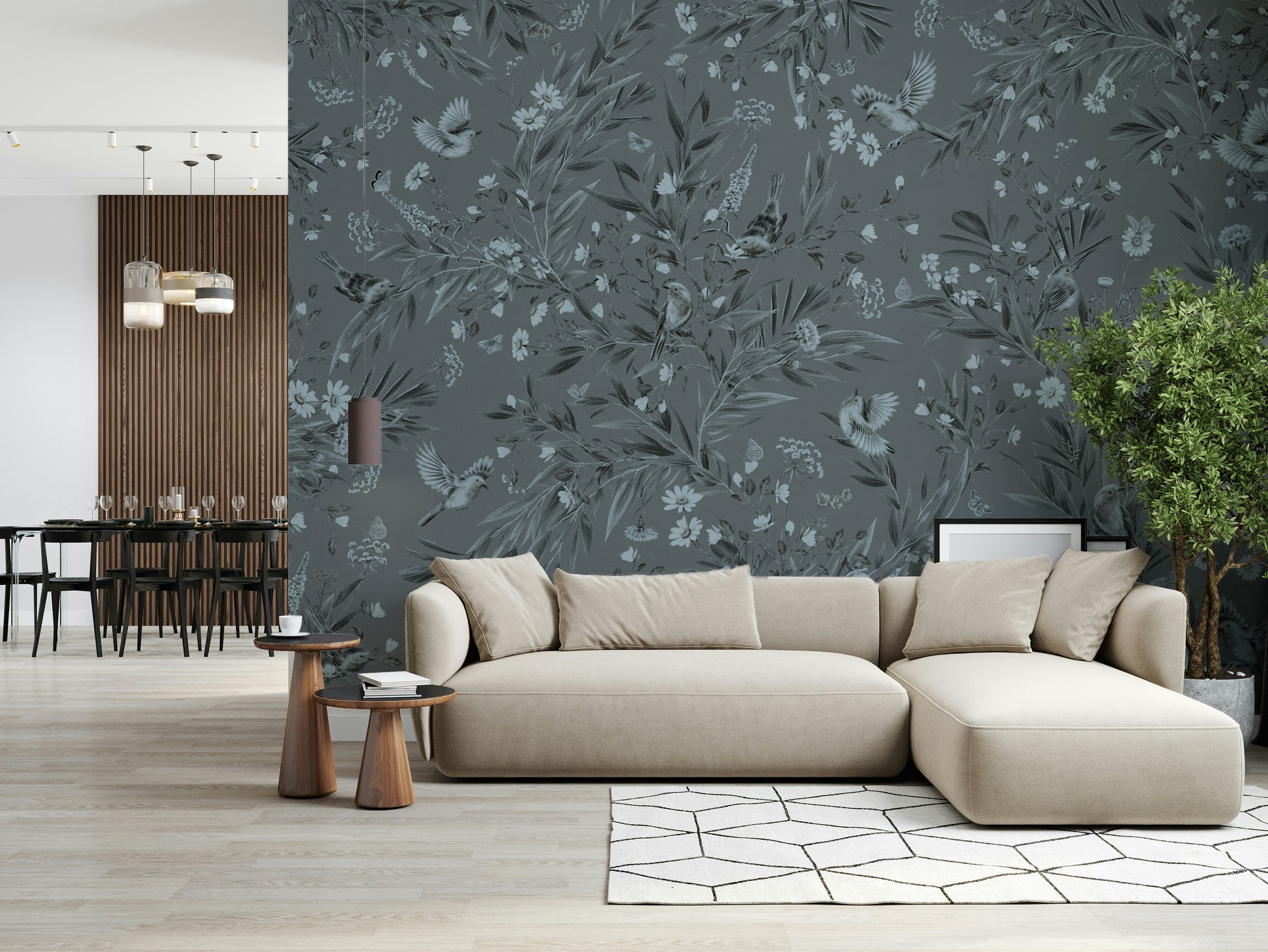 Charming grey floral mural with perched birds in a serene garden scene