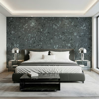 Whimsical aviary mural blending birds with delicate grey blooms and leaves