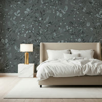 Muted grey wall art featuring songbirds perched on flowering branches