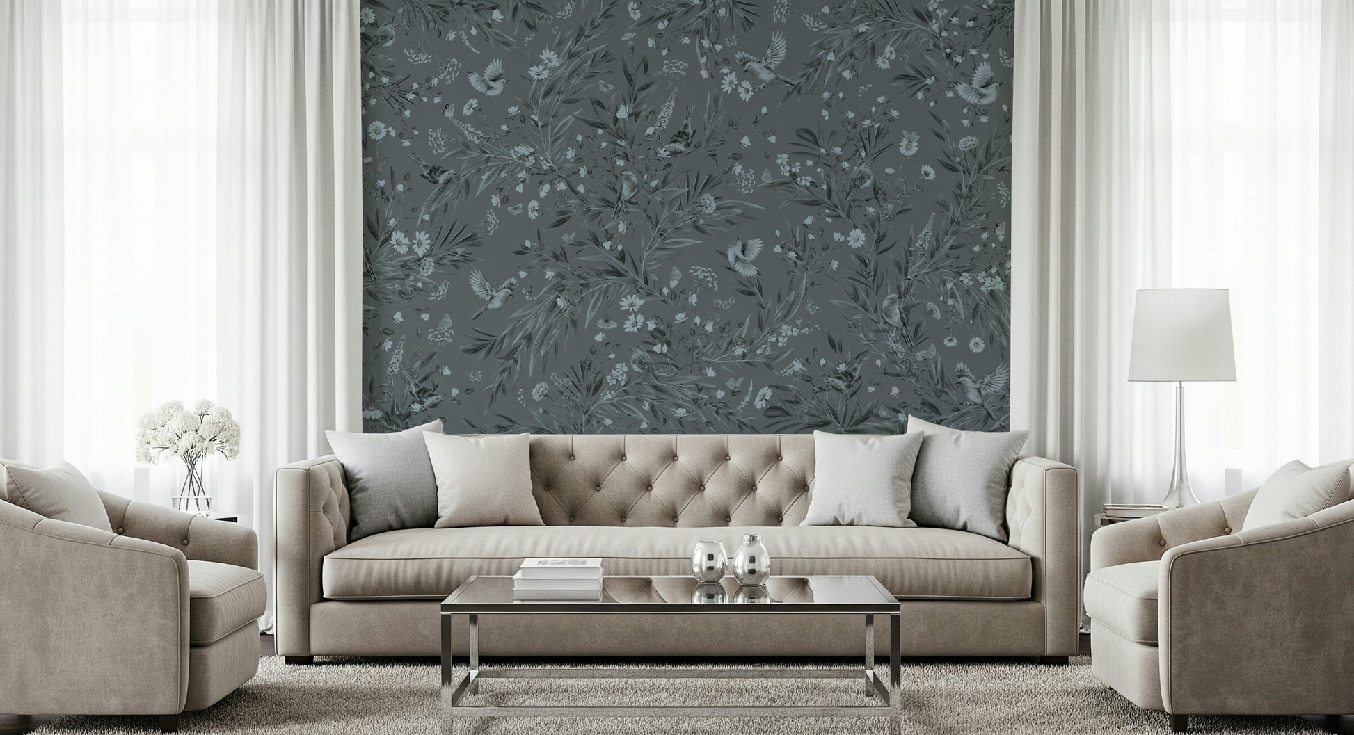 Sophisticated wall art of birds and blooms in muted grey botanical tones
