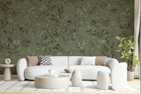 Nature-inspired wall mural featuring exotic birds among lush botanical foliage.