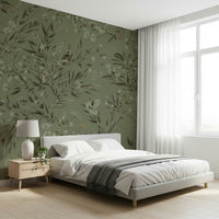 Charming aviary mural with birds perched on branches in a serene garden scene.