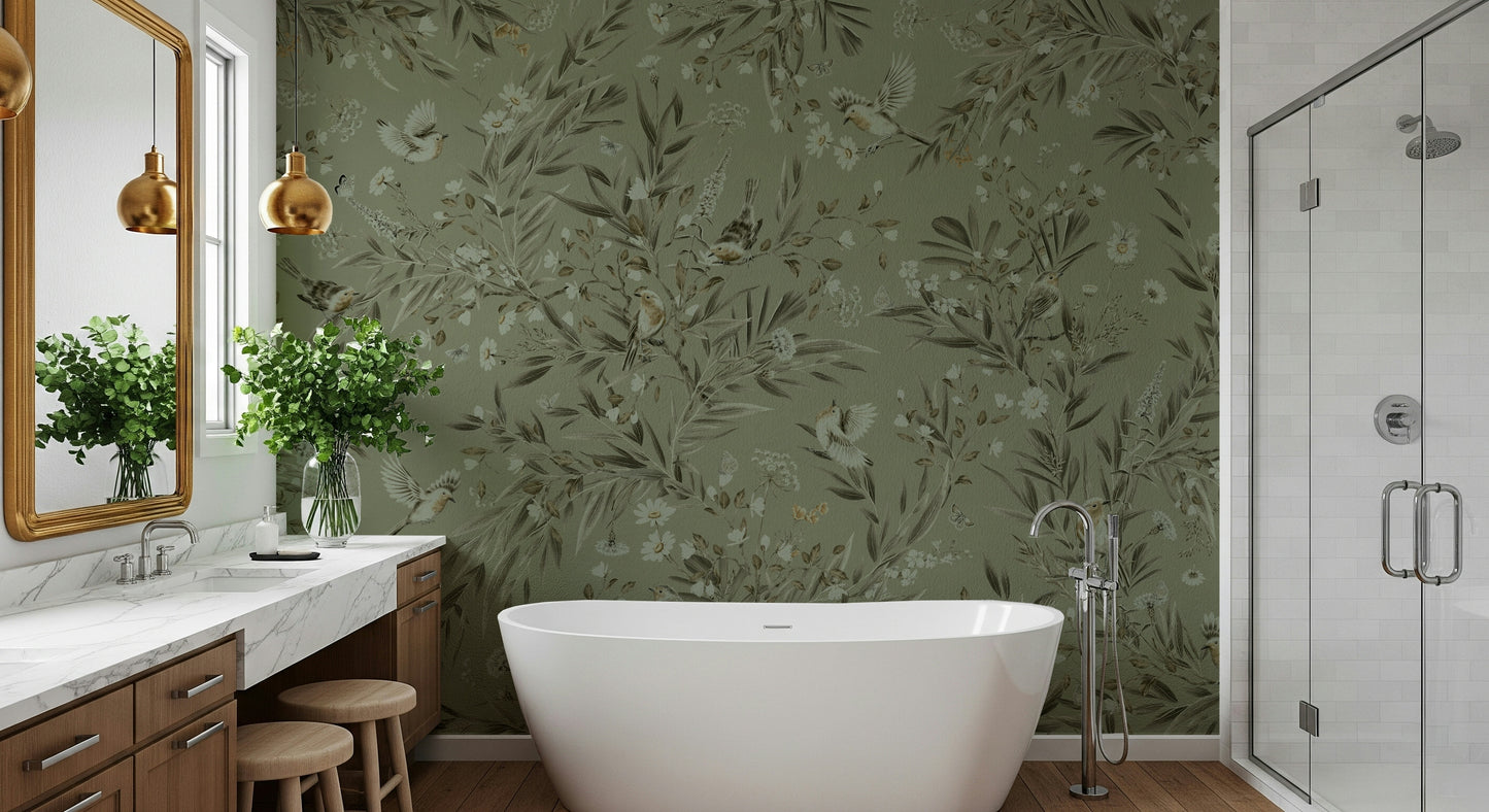 Romantic wall mural depicting birds and plants in a harmonious natural scene