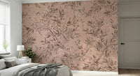 Tranquil mural showing songbirds resting amid detailed plant patterns