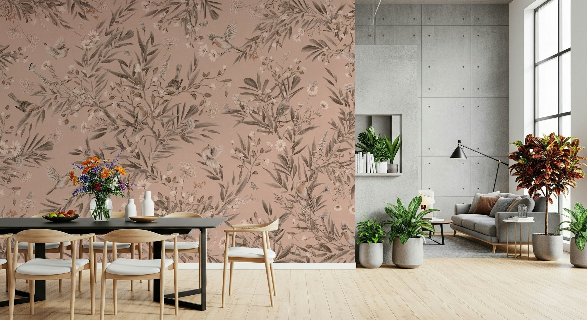 Nature-inspired mural with birds perched on flowering branches and leaves