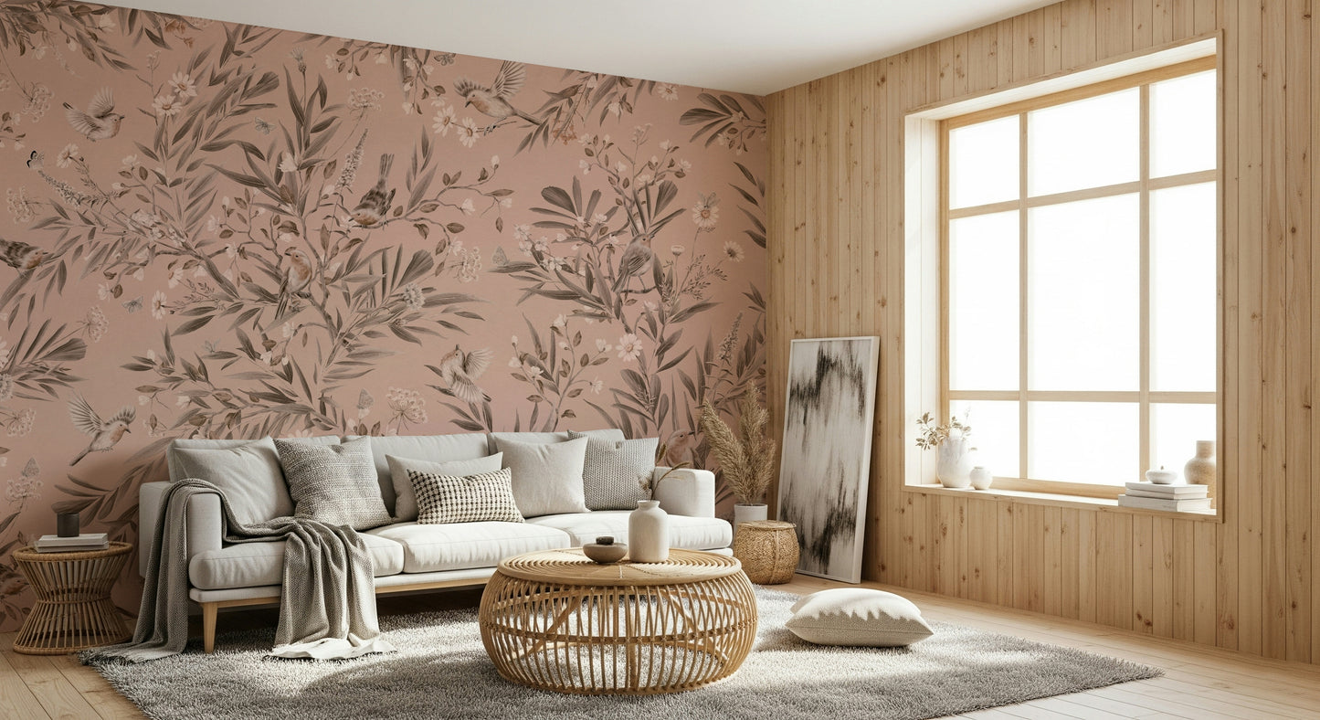 Romantic nature-themed wall mural of birds and vibrant plants