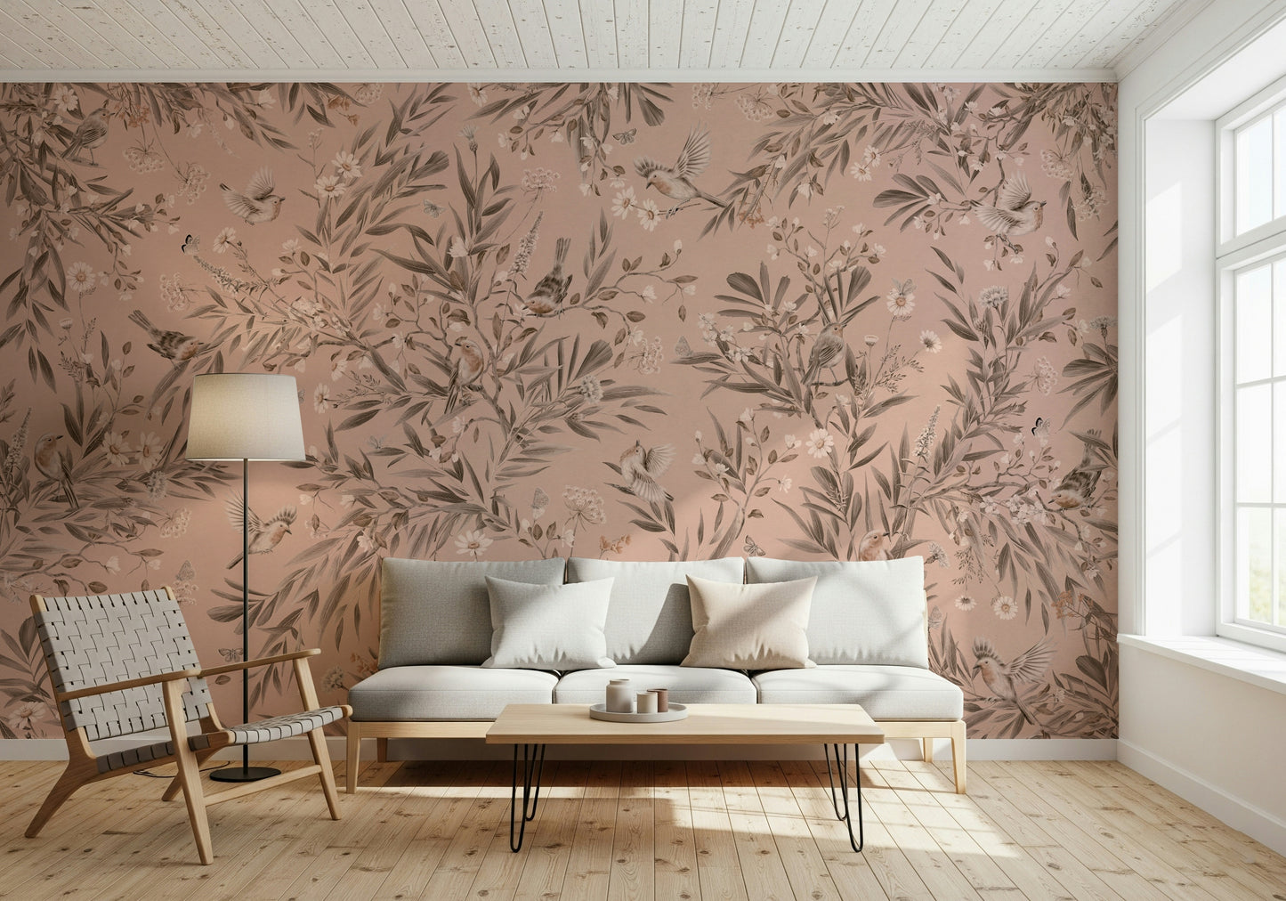 Whimsical wall mural of birds in flight surrounded by tropical botanicals.