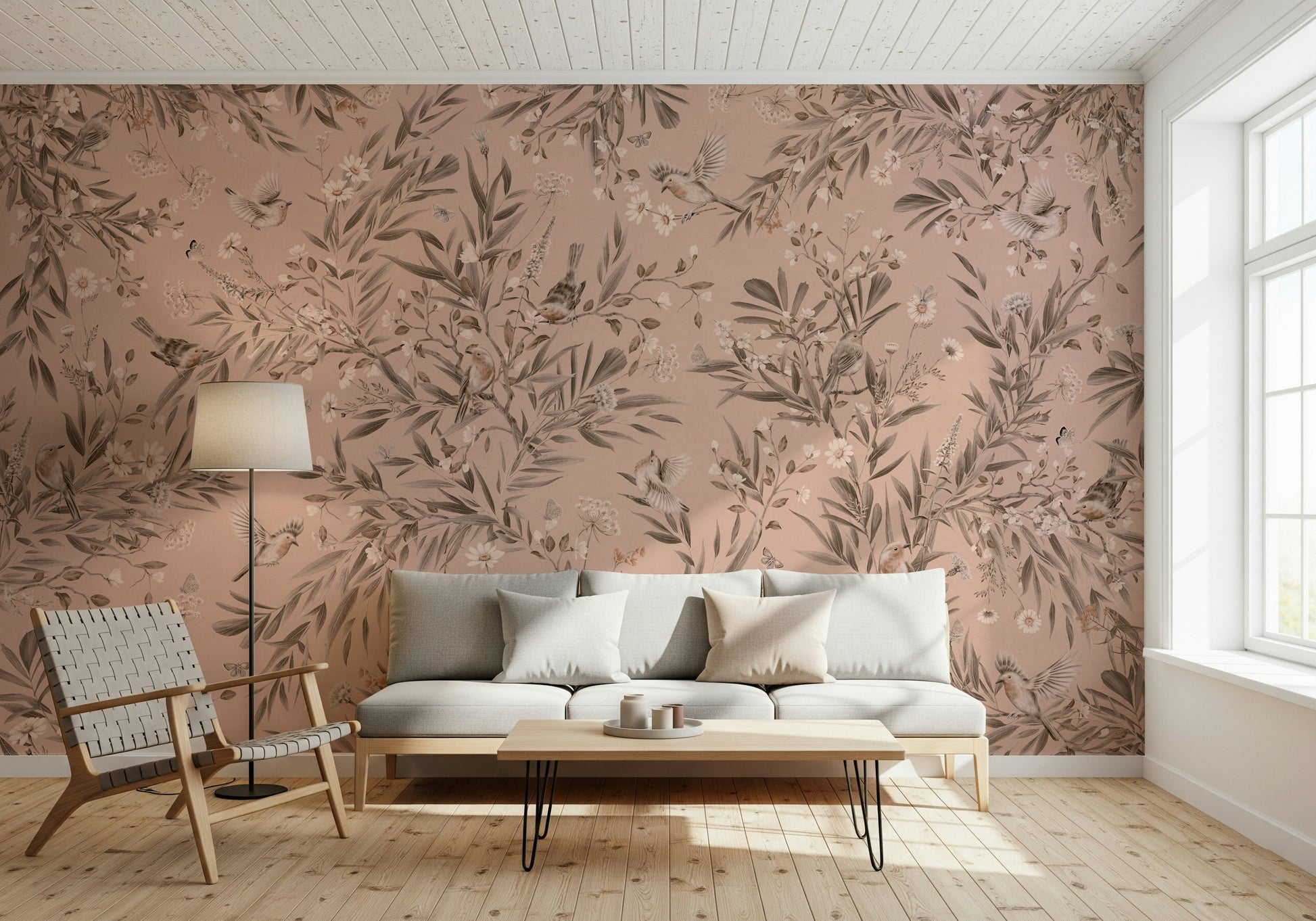 Whimsical wall mural of birds in flight surrounded by tropical botanicals.