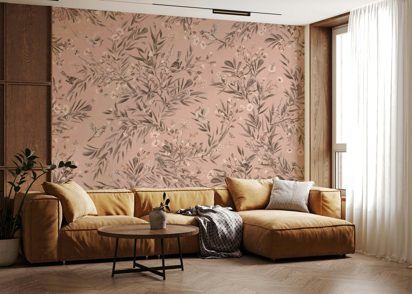 Serene mural featuring birds harmoniously integrated into lush foliage