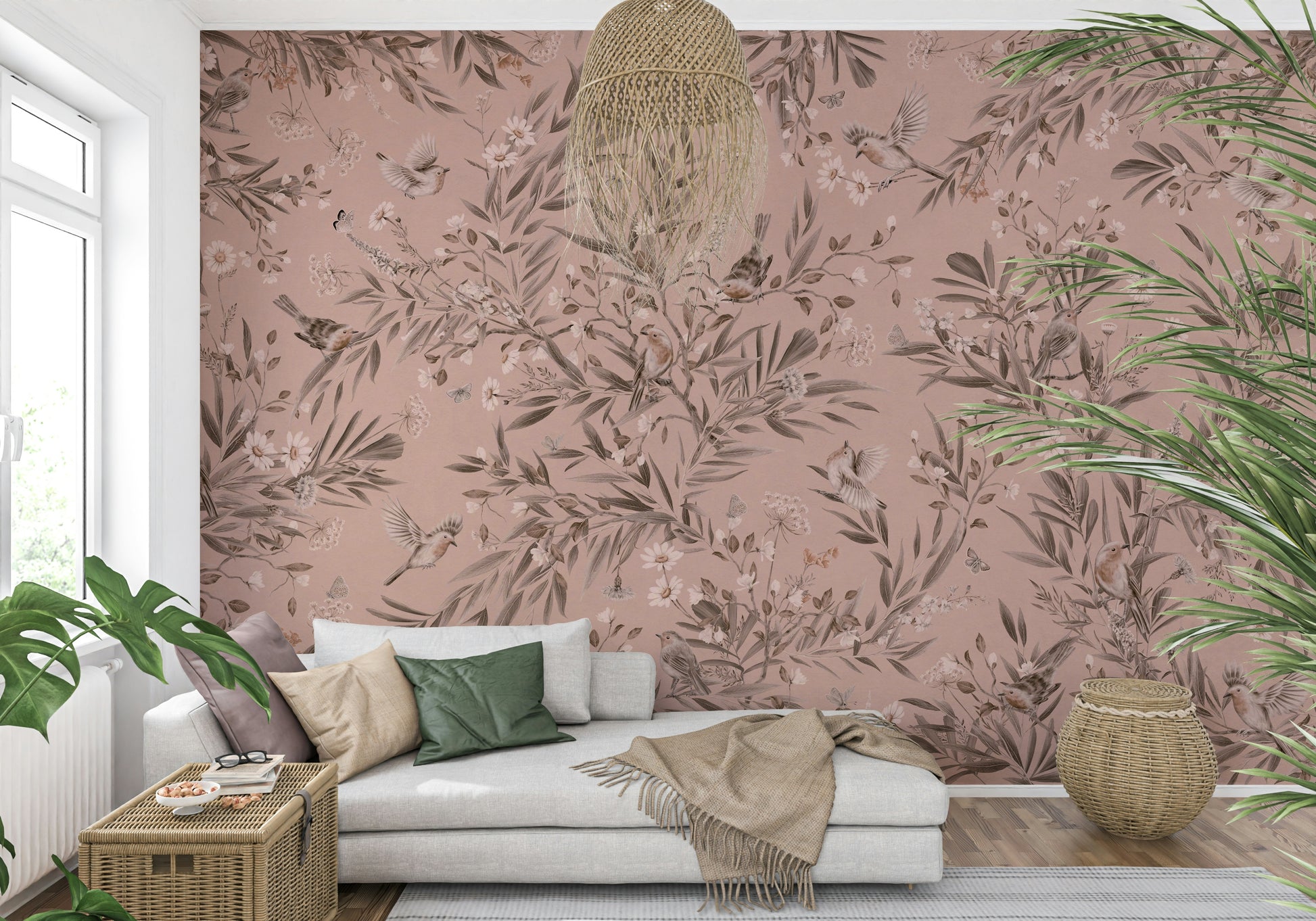 Lively wall art blending exotic birds and intricate botanical designs
