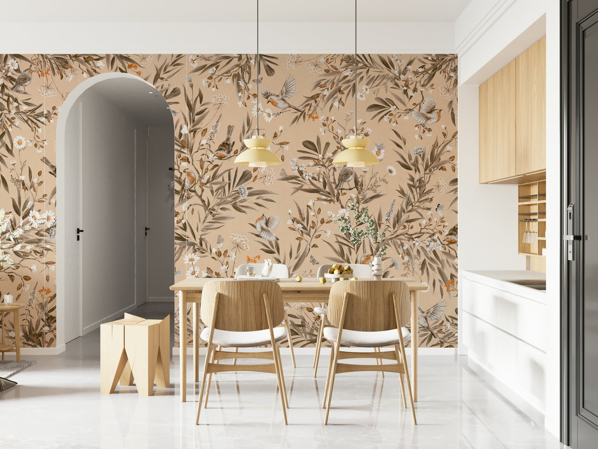 Vibrant wall mural featuring birds singing among lush tropical plants