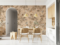 Vibrant wall mural featuring birds singing among lush tropical plants