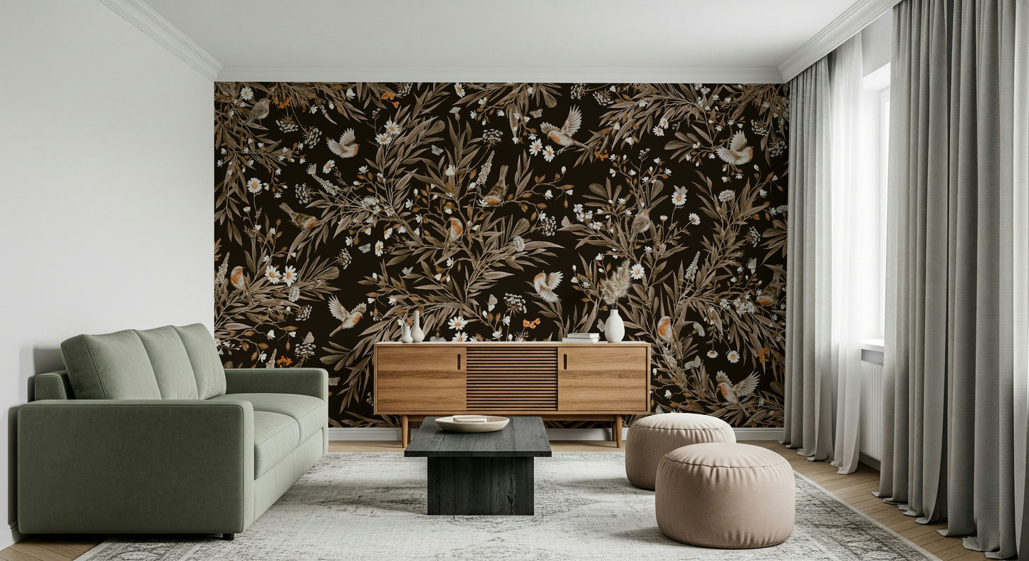 Delicate wall mural with small birds resting on floral branches in soft tones