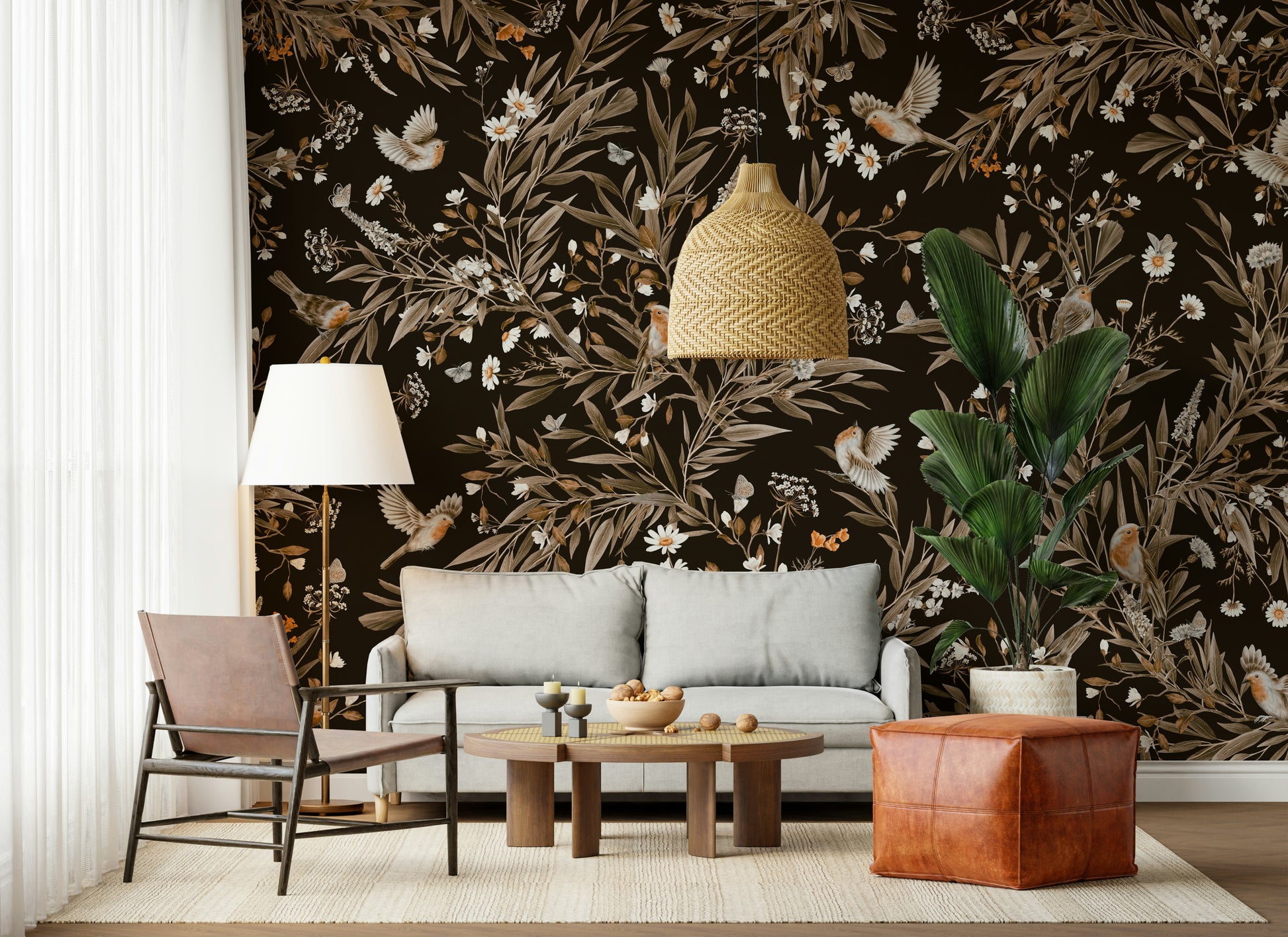 Peaceful wall mural featuring songbirds perched on delicate flowering branches