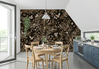 Beautiful botanical mural featuring songbirds singing in a tranquil garden