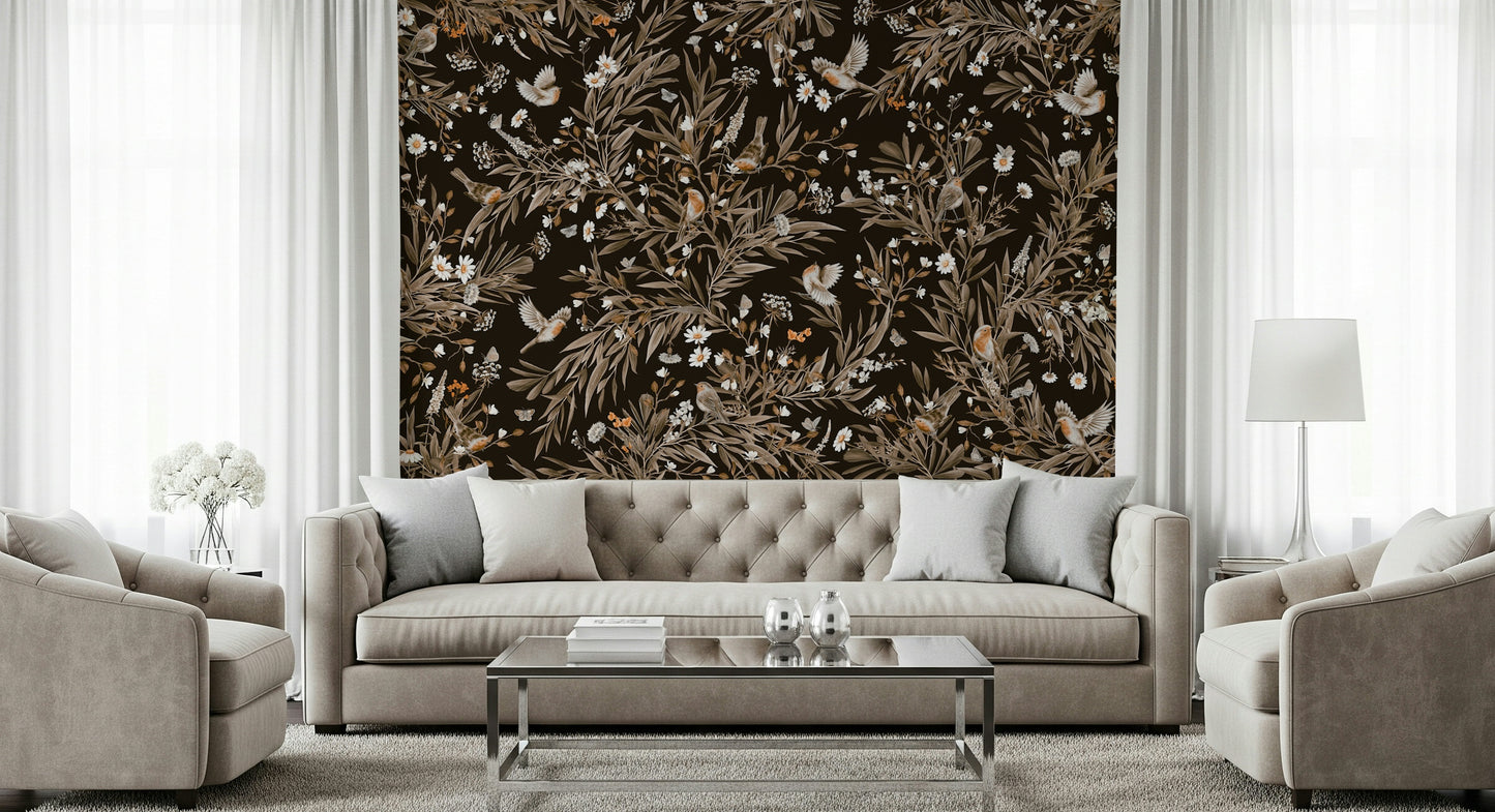 Elegant wall art showing gentle songbirds surrounded by pastel florals