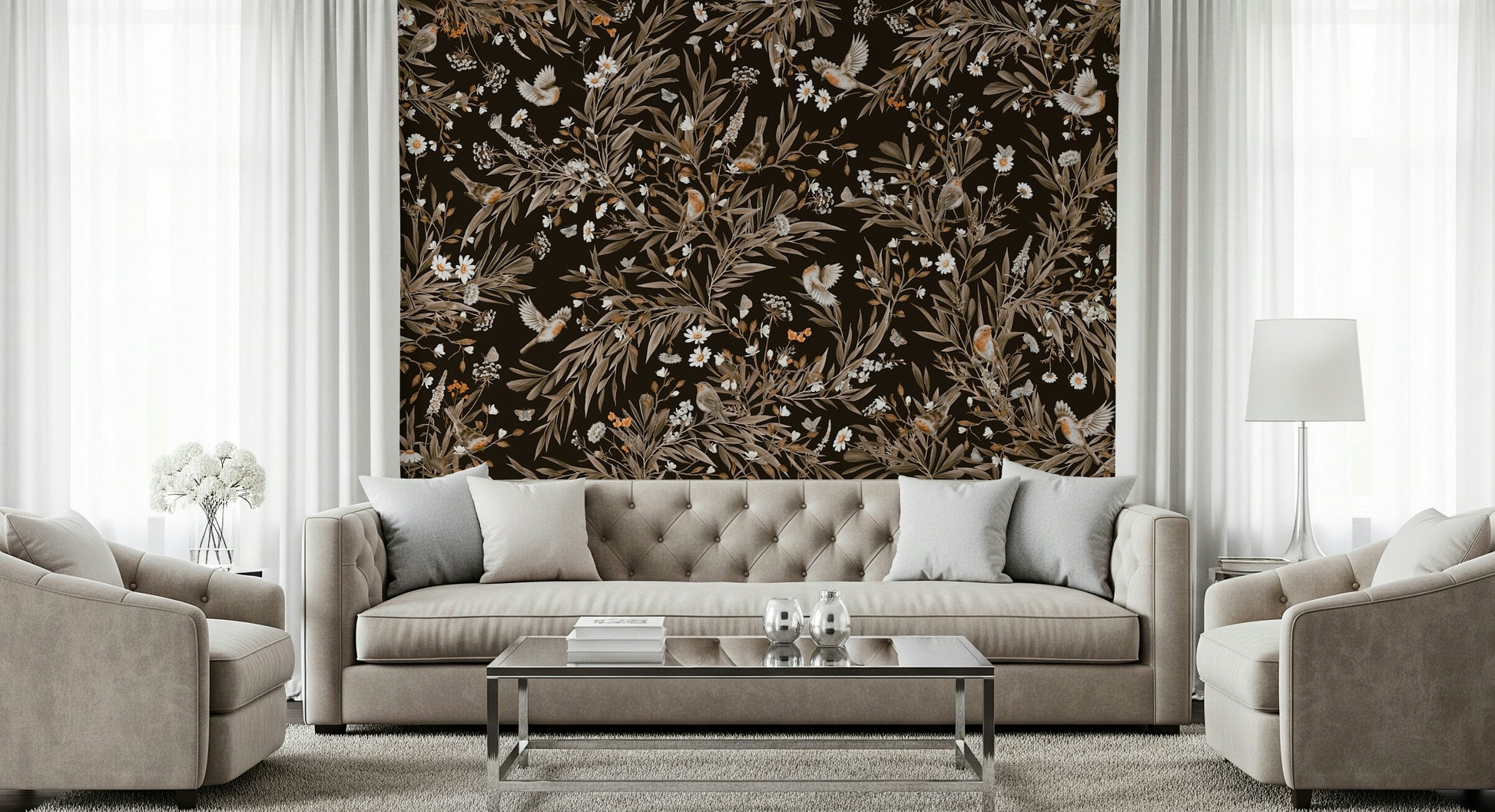 Elegant wall art showing gentle songbirds surrounded by pastel florals