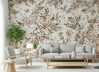 Warm-toned sepia wall mural blending floral elegance with graceful birds