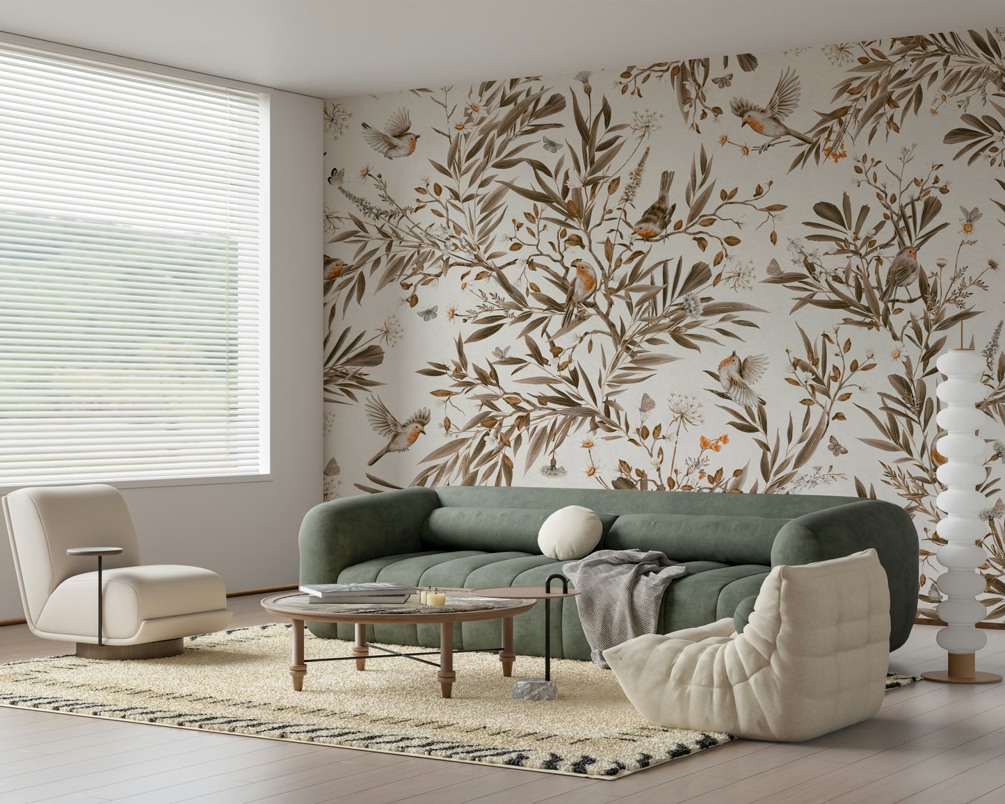 Vintage-style sepia mural of graceful birds perched on blooming branches
