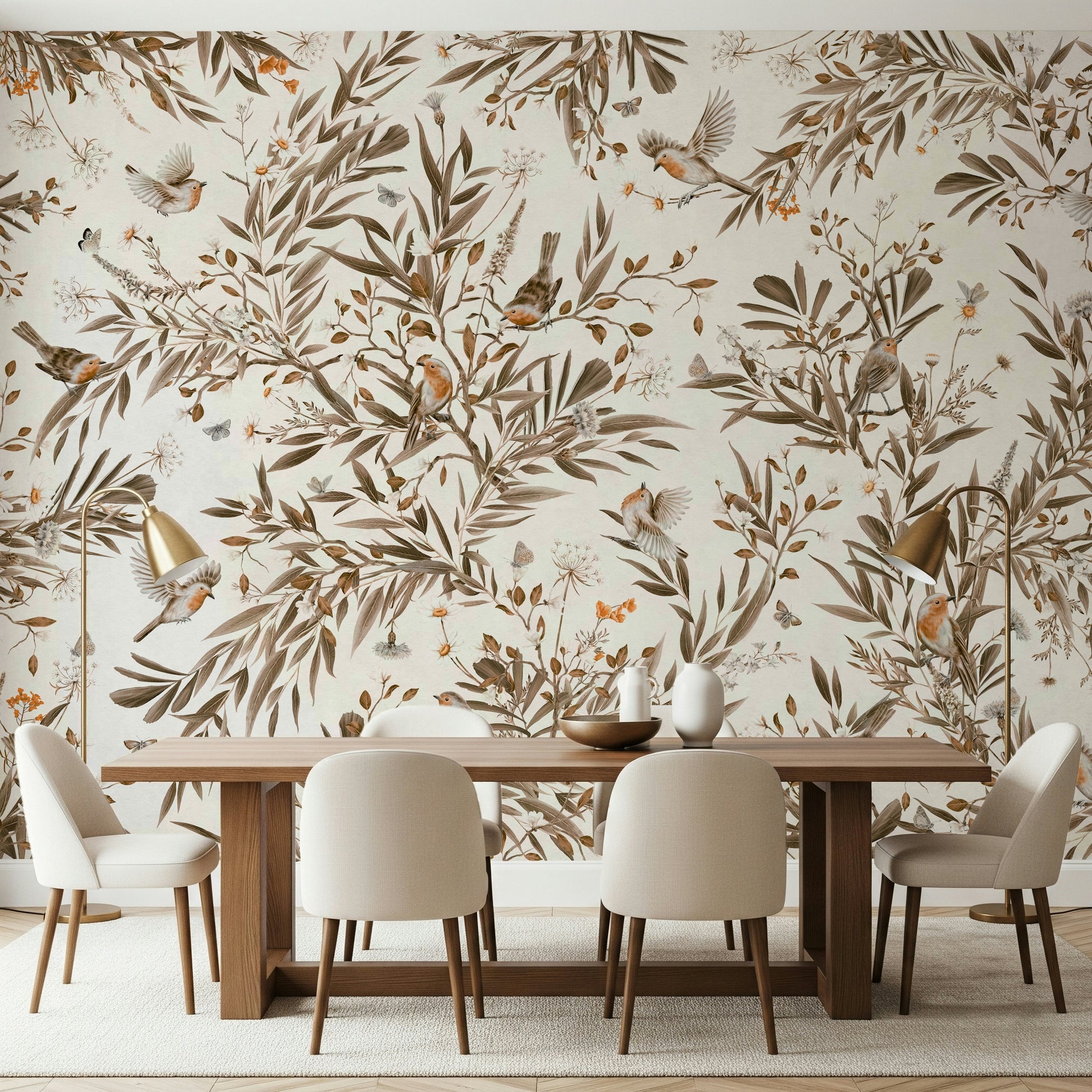Soft botanical composition of birds and blossoms in calming sepia shades
